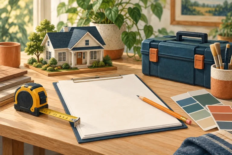 AI illustration of a home-maintenance planning desk with blank estimate sheets, tools and material samples.