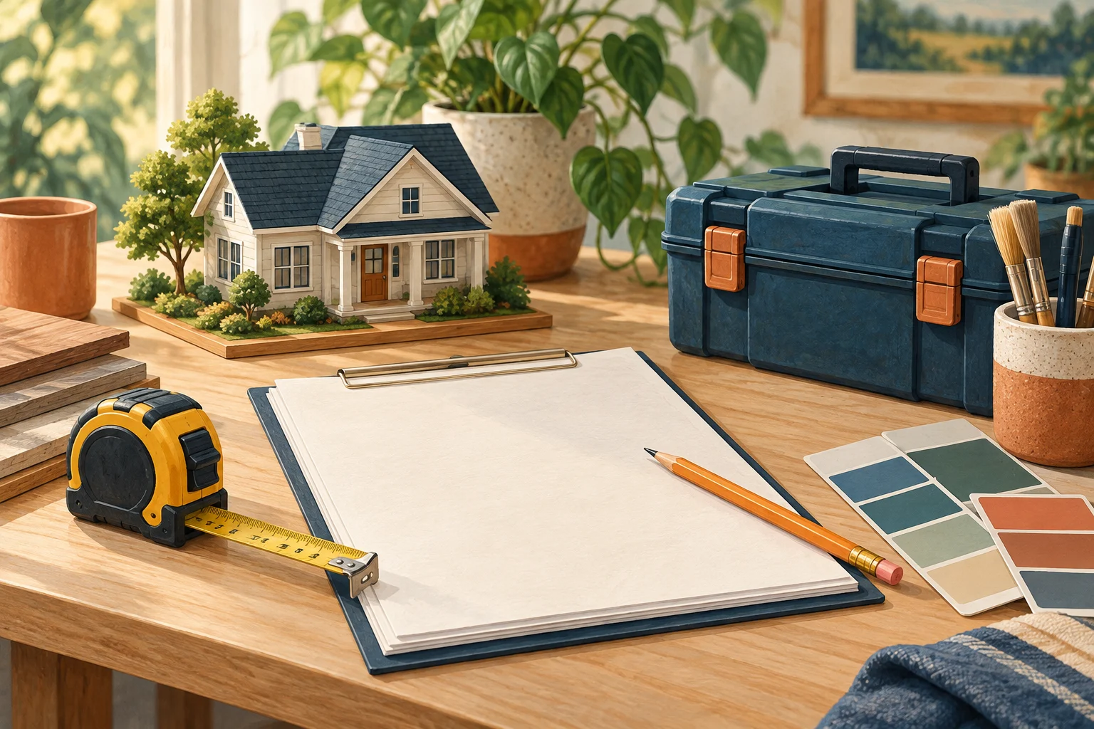 AI illustration of a home-maintenance planning desk with blank estimate sheets, tools and material samples.