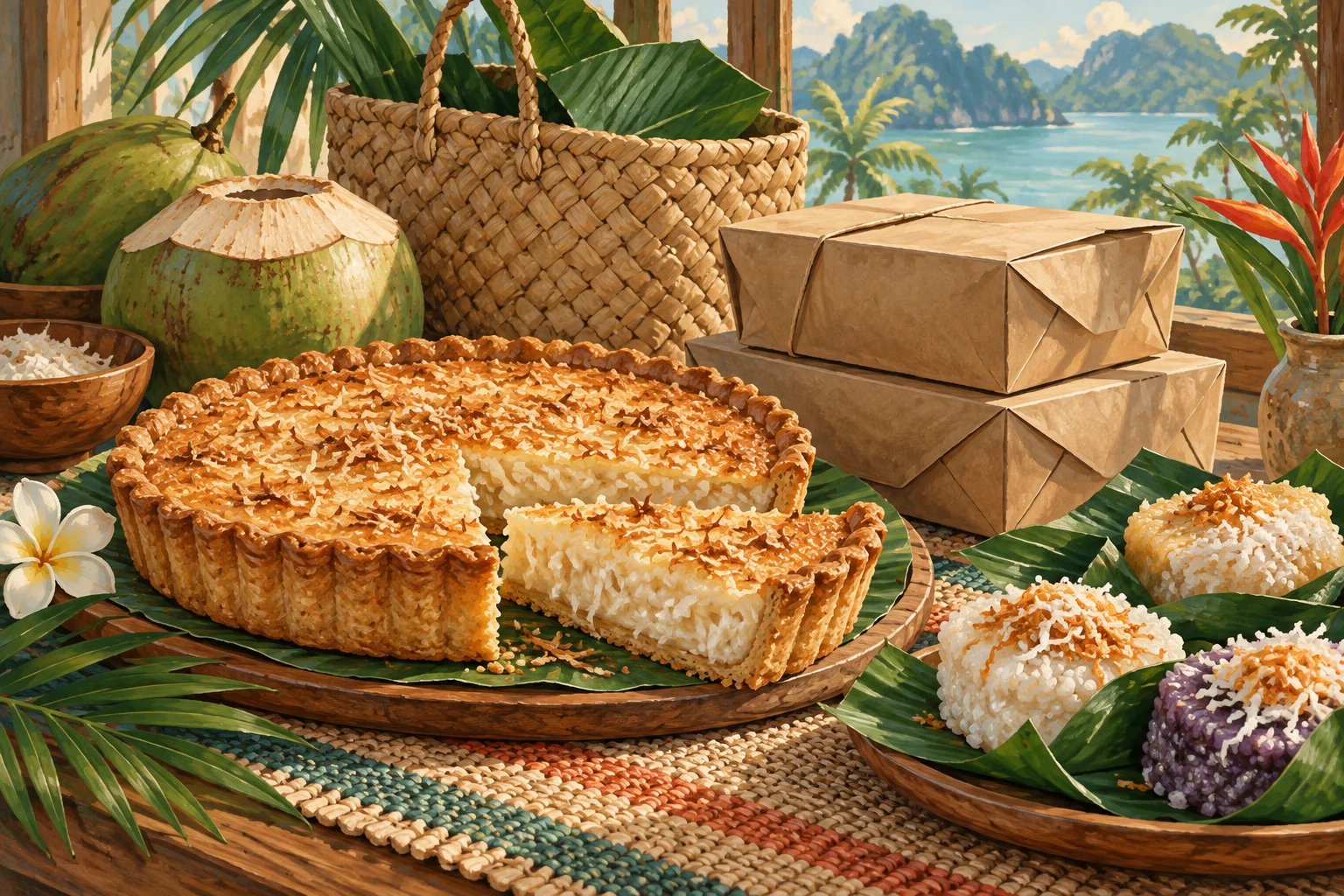 AI illustration of coconut pie, rice cakes, food boxes and a woven shopping basket.