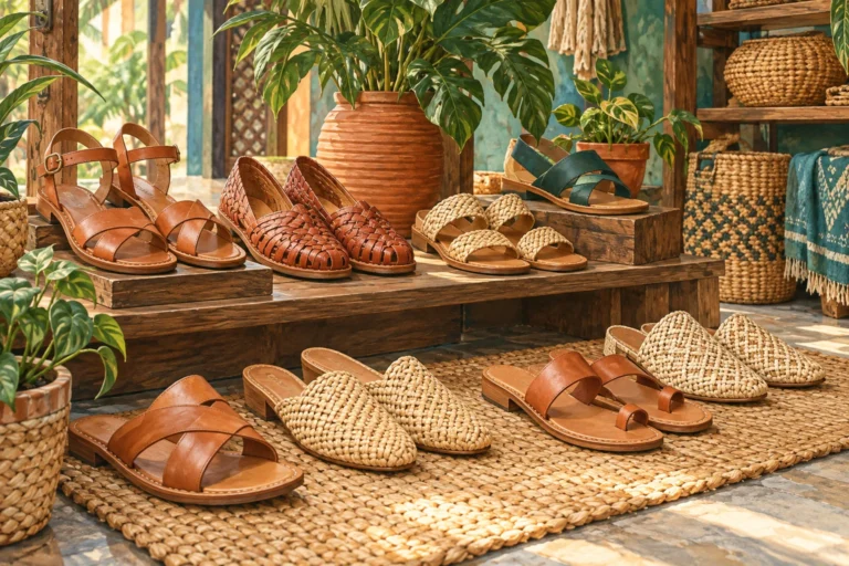 AI illustration of leather sandals and woven footwear displayed in an artisan-style shop.