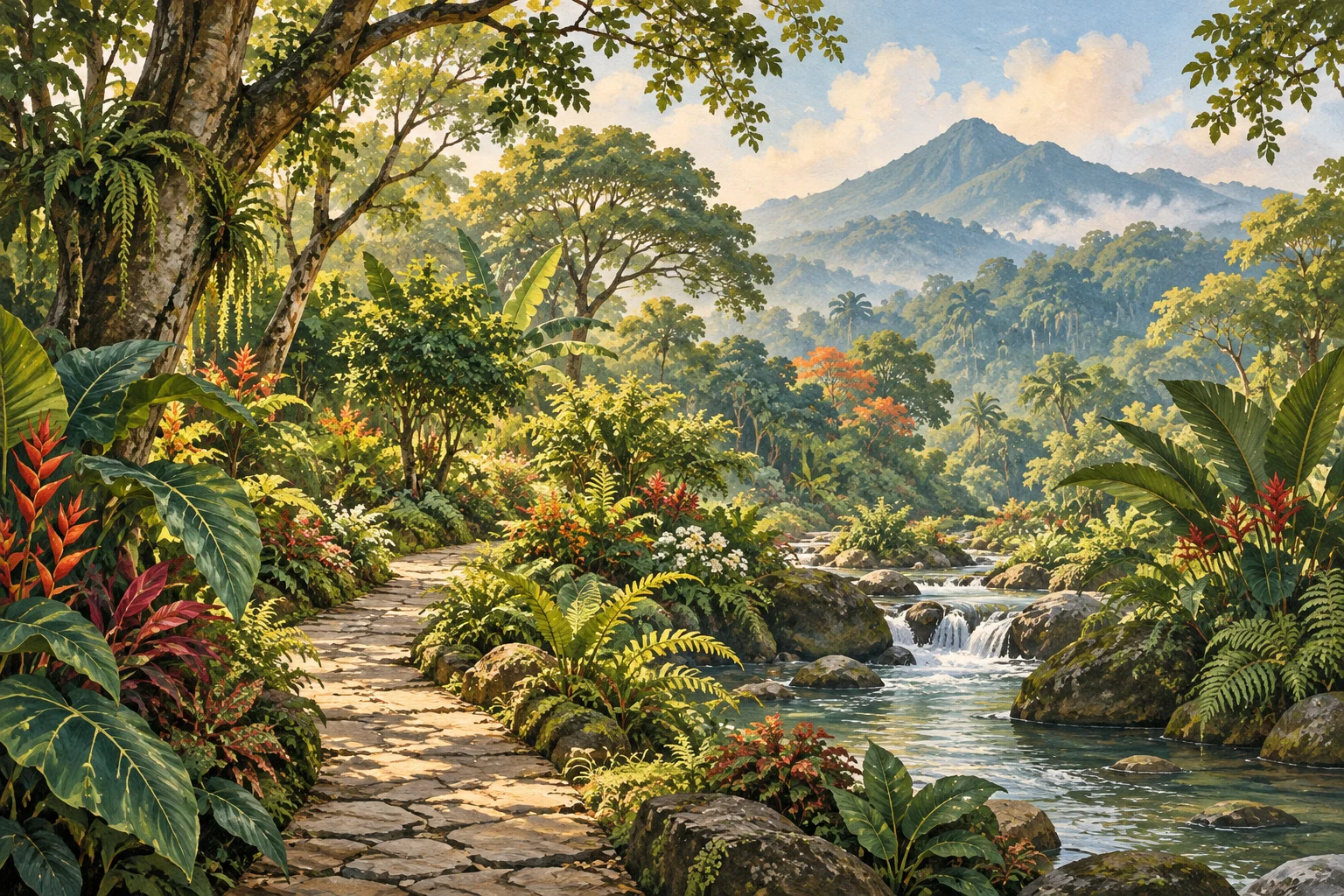 AI illustration of a lush tropical garden path, a stream and distant green mountains.