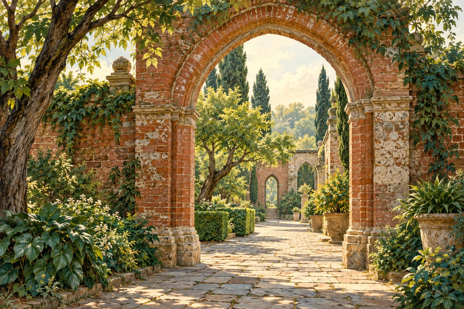 AI illustration of a quiet brick arch and leafy heritage courtyard; not the actual Nagcarlan monument.