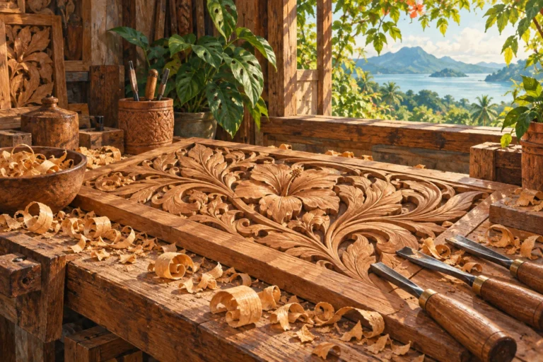 AI illustration of a floral woodcarving panel, carving tools and wood shavings on a workbench.