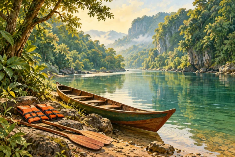 AI illustration of an empty canoe, paddles and life jackets beside a forest river; not an actual tour photo.
