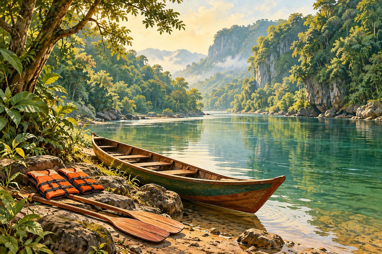AI illustration of an empty canoe, paddles and life jackets beside a forest river; not an actual tour photo.