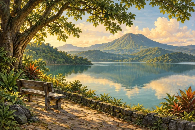 AI illustration of a peaceful Philippine lakeside path with a bench, trees and distant hills.