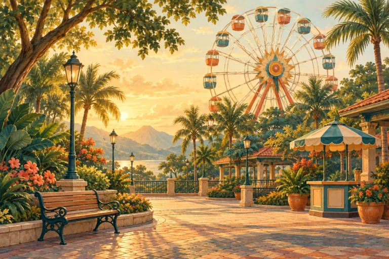 AI illustration of a Ferris wheel and tropical park plaza; not a photograph of Enchanted Kingdom.