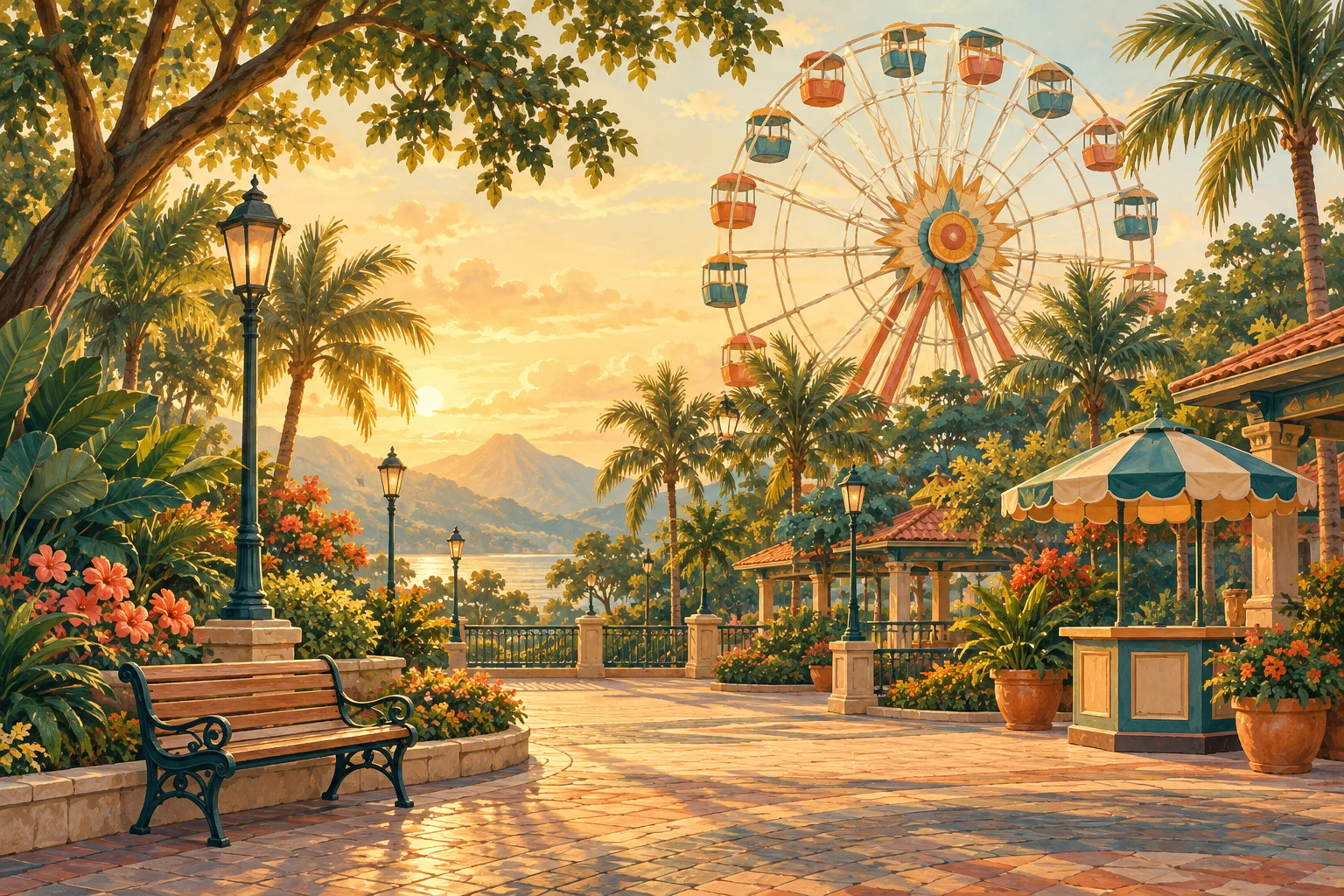AI illustration of a Ferris wheel and tropical park plaza; not a photograph of Enchanted Kingdom.