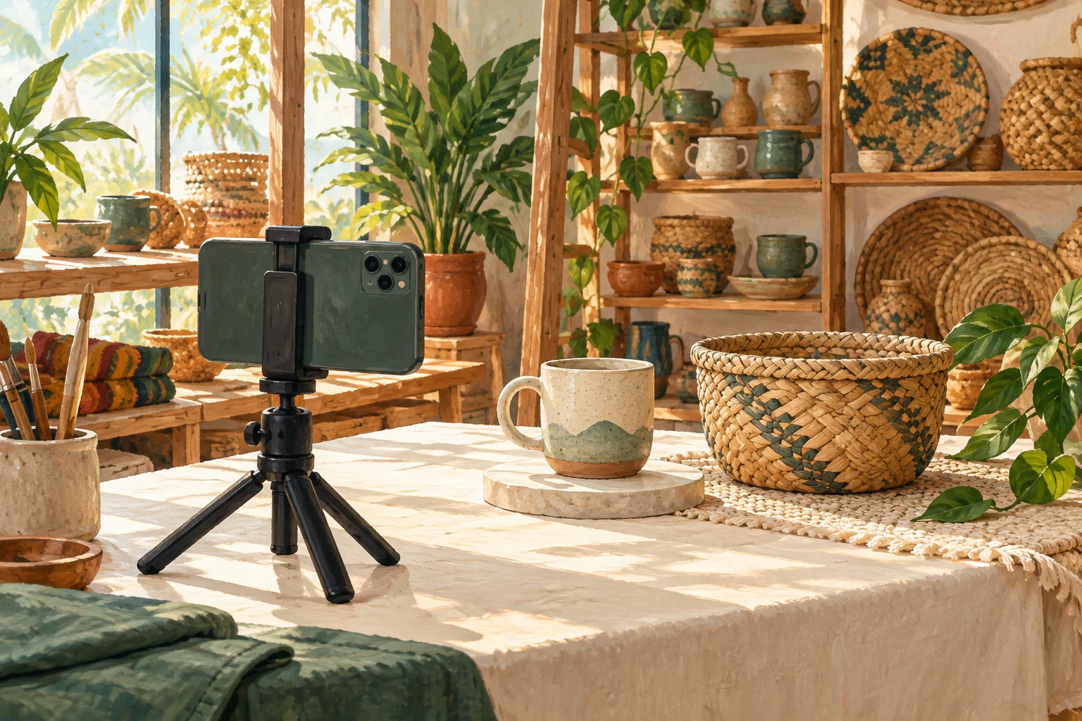 AI illustration of a smartphone on a tripod photographing a mug and woven basket in a small shop.